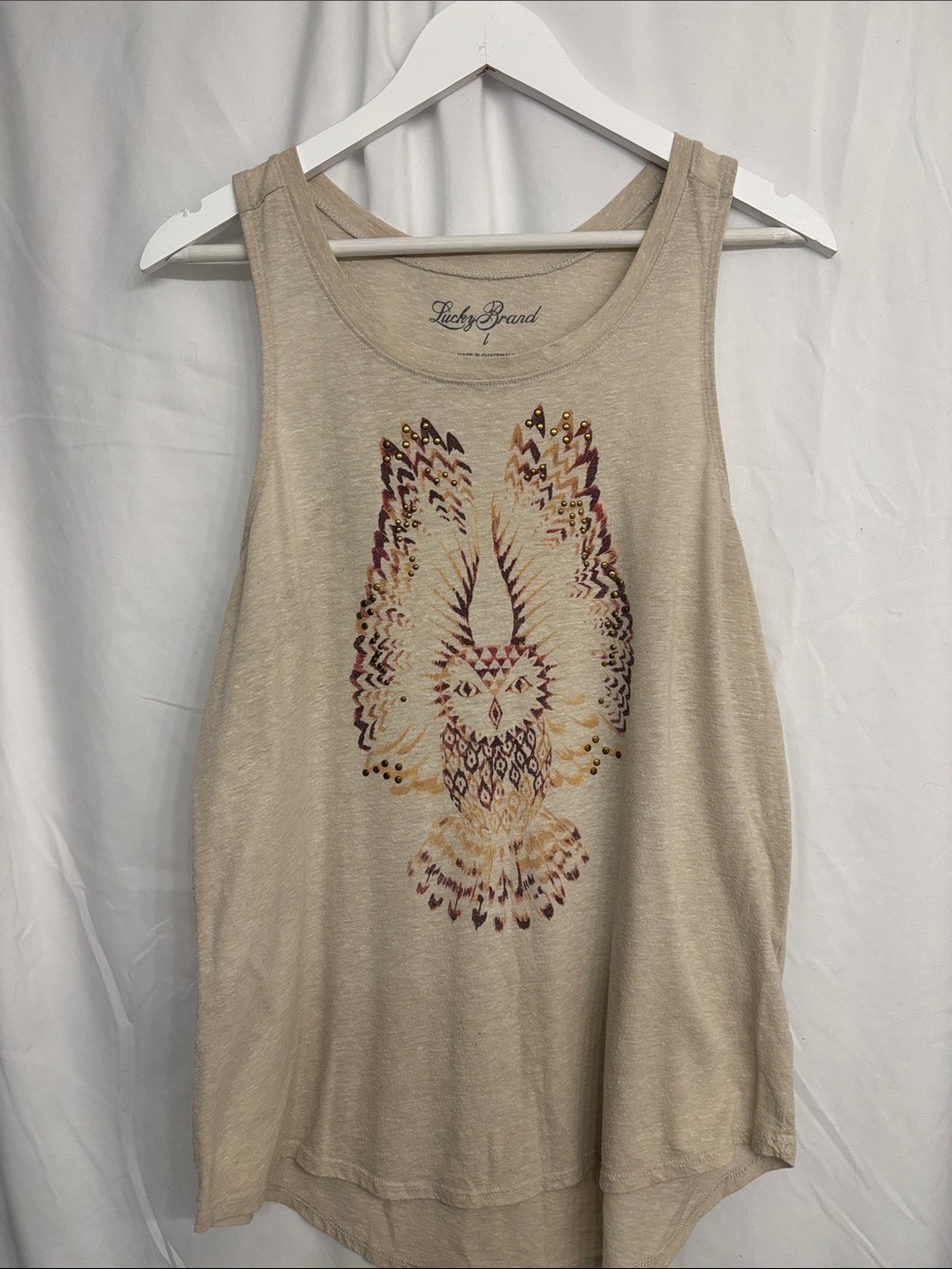 Lucky Brand Owl Graphic Tank Top Size Large | Studded Boho Y2K Sleeveless Tee.
